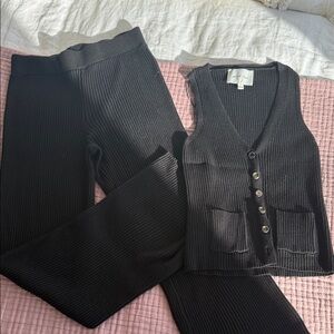Black Ribbed Knit Pants & Vest Lounge Set